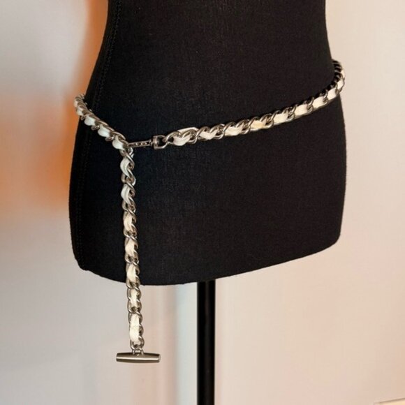 Silver Chain Belt with White Fabric Lacing Braided Weaved Y2K 90s - Picture 6 of 7